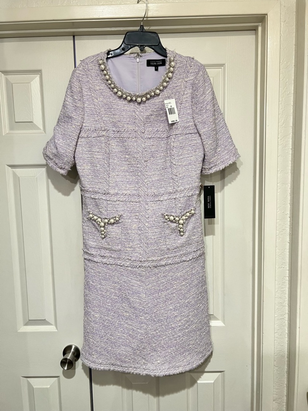 NWT RICKIE FREEMAN X TERI JON LAVENDER PEARL DETAIL TWEED SHIFT DRESS SIZE 12
